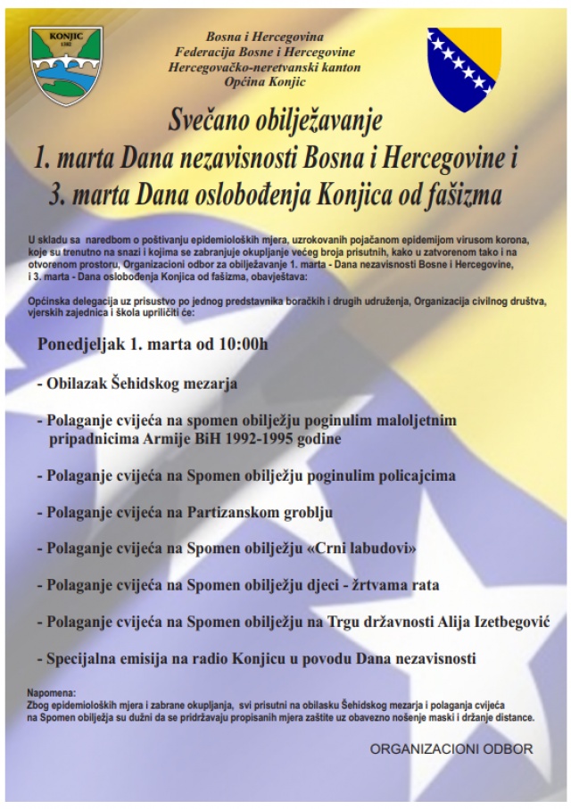 Program obilježavanja 1.marta-Dana nezavisnosti Bosne i Hercegovine i 3.marta Dana oslobođenja Konjica od fašizma